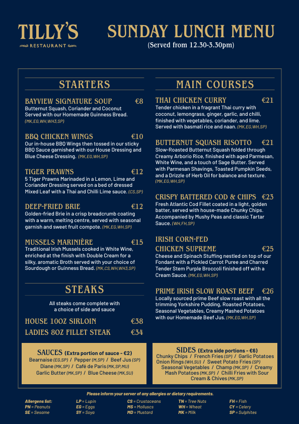 Tilly's Restaurant Sunday Lunch Menu Cover
