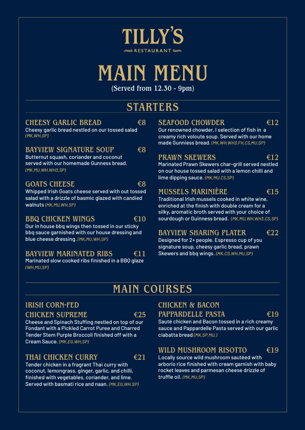 Tilly's Restaurant Main Menu Cover
